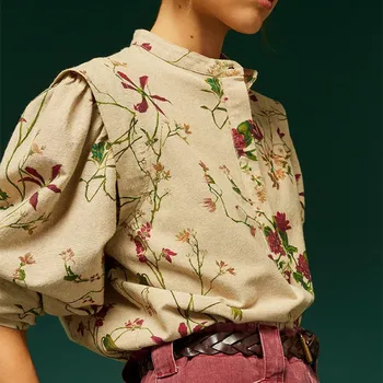 2021 Rana jesen Nove ženske majice s V-izrez u Retro stilu dugih rukava i cvjetnim ispis na zakopčane Svakodnevni ženska moda majica i vrhovima