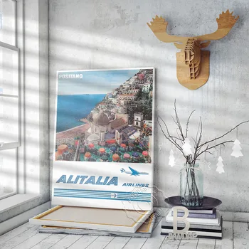 Alitalia Airlines Positano Ispis Postera, Slika na platnu s Krajolikom za Putovanja po svijetu, Stare Naljepnice za zid grada na Obali Poklon za doma dekor
