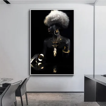 Crna Žena Zlatne Usne Platnu Slika Na zidu Plemenite Žene Slika se Ispisuje Platnu Plakat Suvremene Umjetničke Slike za Dizajn Kuće