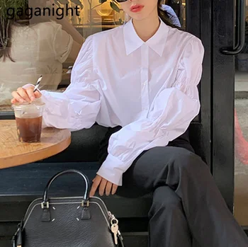 Gaganight 2021 Nova ženska bijela košulja s bujnim rukava i dugih rukava s odbačenost ovratnik Korejski ured za ženska bluza Modni однобортные majice